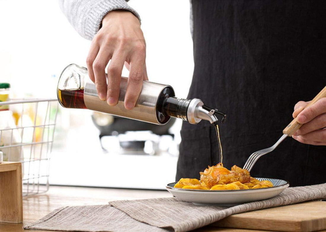 Kitchen Cooking Oil Vinegar Bottle with Dropper Best For Olive oil Usage Glass and Stainless Steel – 300 ml