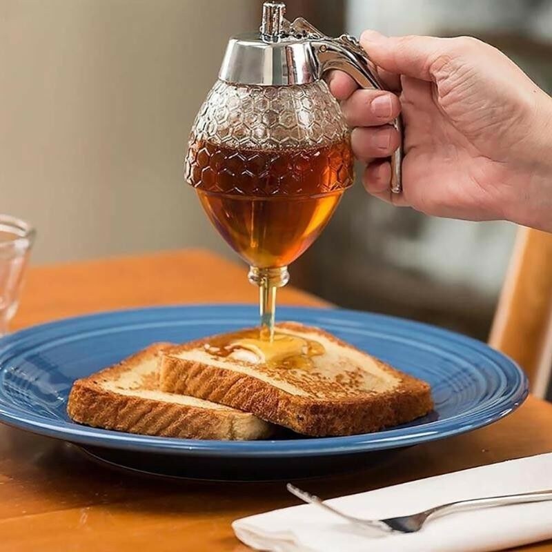 Crystal Glass Honey Dispenser Transparent Honey Storage Bottle Container with Holder
