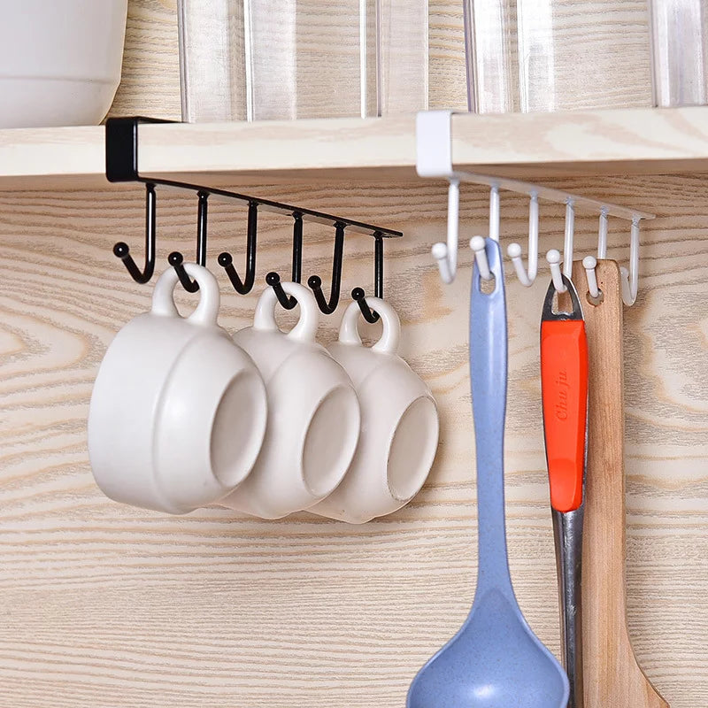 (Pack of 2) 6 Hooks Metal hanger, Storage Shelf Wardrobe Cabinet Metal Under Shelves Mug Cup Hanger Kitchen Organizer Rack Holder